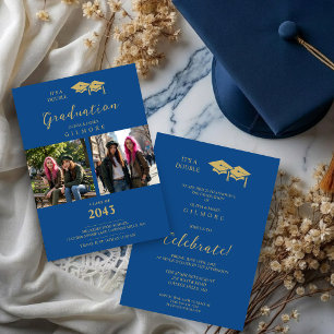 Invitación Stylish 2-Photo Twins Siblings Grad Blue TMF26