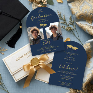 Invitación Stylish 2-Photo Twins Siblings Grad Gold TMF26
