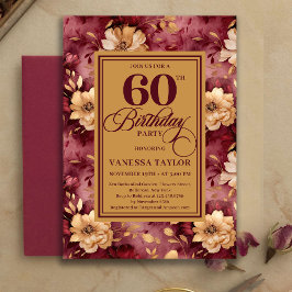 Invitación Stylish 60th Birthday Burgundy Blush Floral Gold  