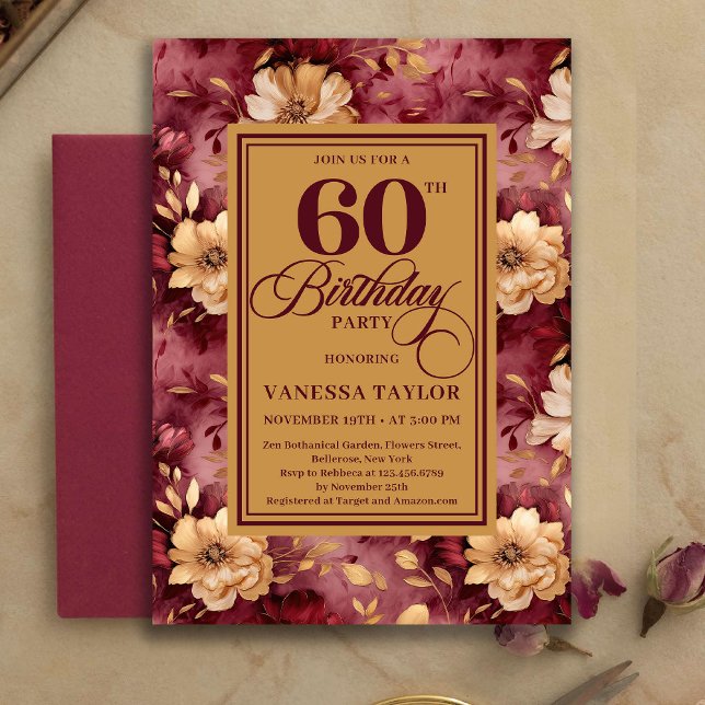 Invitación Stylish 60th Birthday Burgundy Blush Floral Gold   (Stylish 60th Birthday Burgundy Blush Floral Gold Invitation)