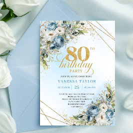 Invitación Stylish 80th Birthday Invitation Dusty Blue Gold 