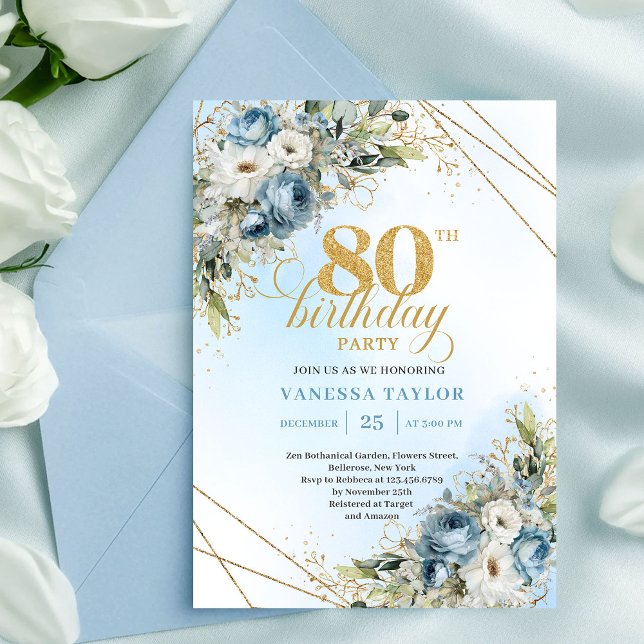 Invitación Stylish 80th Birthday Invitation Dusty Blue Gold  (Stylish 80th Birthday Invitation Dusty Blue Gold Frame)