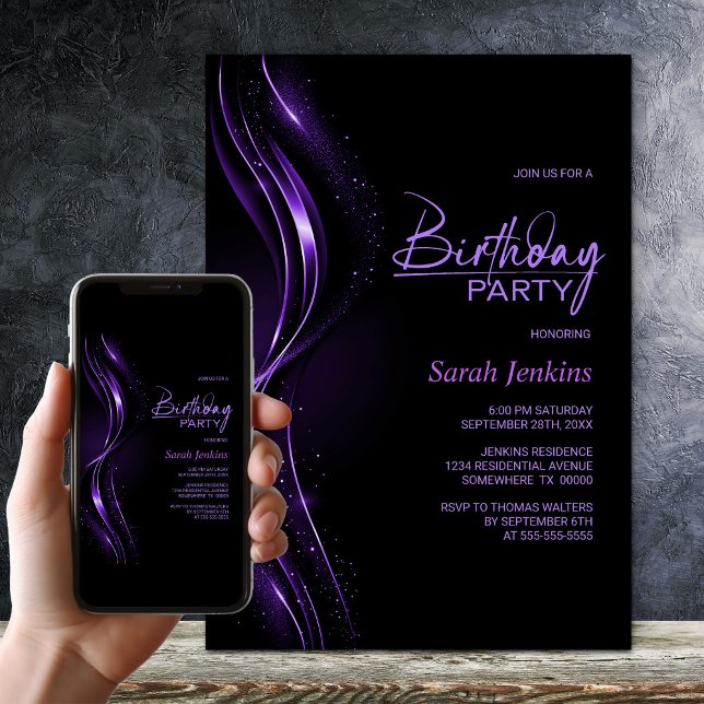 Invitación Stylish Black and Purple Birthday Party (Subido por el creador)