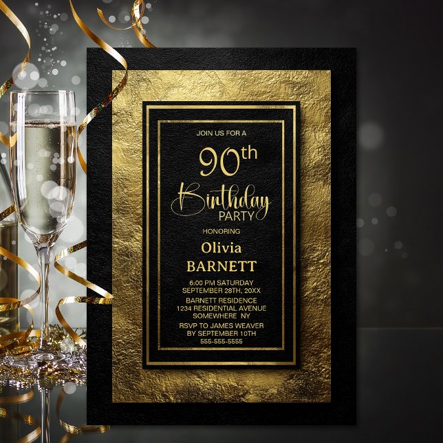 Invitación Stylish Black Gold 90th Birthday Party (Subido por el creador)