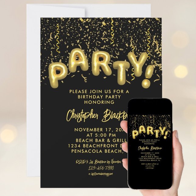 Invitación Stylish Black & Gold Foil Party Balloon Birthday (Subido por el creador)