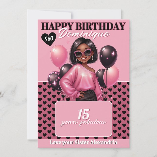 Invitación Stylish Black Teen Girl Birthday Gift Card Holder (Anverso)