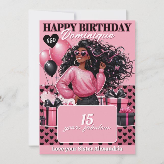 Invitación Stylish Black Teen Girl Birthday Gift Card Holder (Anverso)