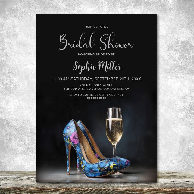 Invitación Stylish Blue Floral Stiletto Shoes Bridal Shower (Subido por el creador)