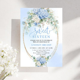 Invitación Stylish Blue Hydrangea Gold Accent Sweet Sixteen
