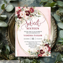 Stylish Blush Burgundy Floral Sweet Sixteen Invite