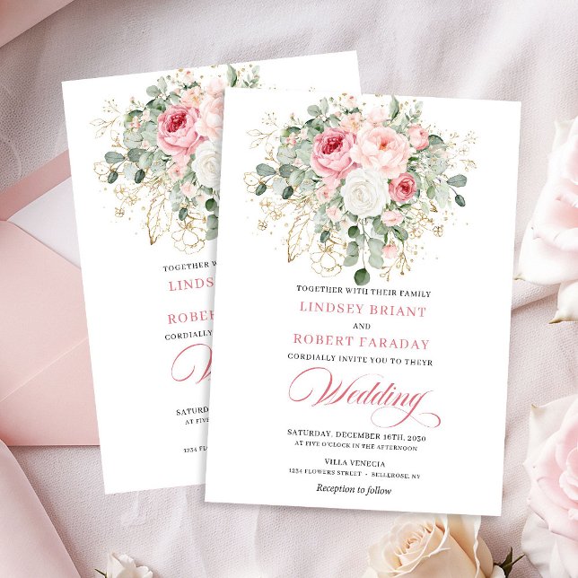 Invitación Stylish Blush Peony Gold Glitter Wedding Invite (Stylish Blush Peony Gold Glitter Wedding Invitation)