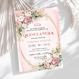 Invitación Stylish Blush Pink Floral Greenery Quinceañera