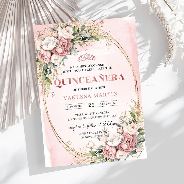 Invitación Stylish Blush Pink Floral Greenery Quinceañera  (Stylish Blush Pink Floral Greenery Quinceañera Invitation

)