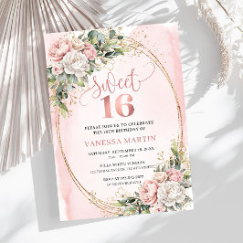 Invitación Stylish Blush Pink Floral Greenery Sweet Sixteen