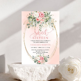Invitación Stylish Blush Roses Gold Script 16th Birthday 