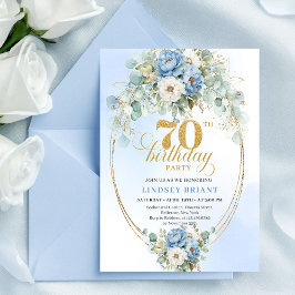 Invitación Stylish Bohemian Blue Floral Eucalyptus 70th Bday