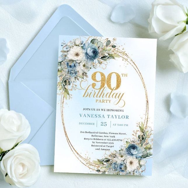 Invitación Stylish Bohemian Blue Floral Greenery 90 Birthday (Stylish Bohemian Blue Floral Greenery 90th Birthday)
