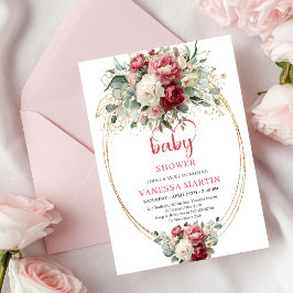Invitación Stylish Bohemian Burgundy White Gold Floral Baby 