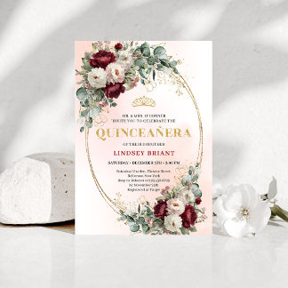 Invitación Stylish Bohemian Maroon Flowers Gold 15th Birthday