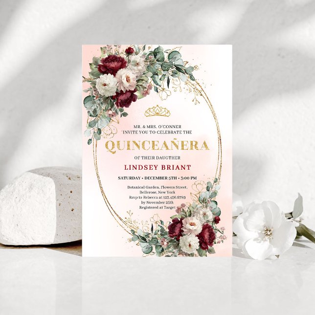 Invitación Stylish Bohemian Maroon Flowers Gold 15th Birthday (Stylish Bohemian Maroon Flowers 15th Birthday Invite)