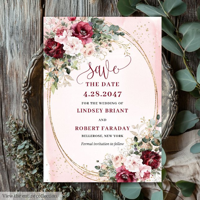 Invitación Stylish Boho Burgundy Blush Gold Floral Save date (Minimalist Boho Merlot Blush Gold Roses Save It)