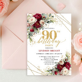 Invitación Stylish Boho Merlot White Gold Roses 90th Birthday