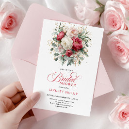 Invitación Stylish Boho Red White Gold Floral Bridal Shower