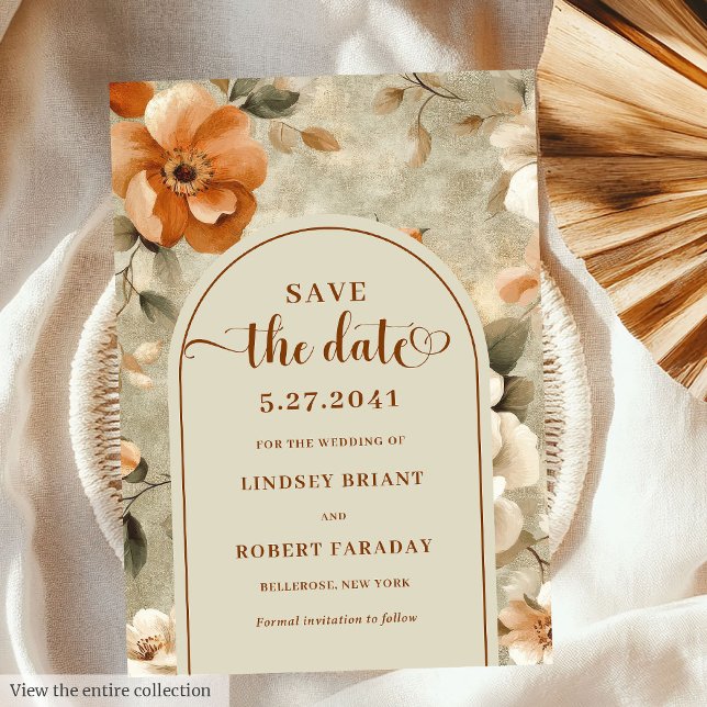 Invitación Stylish Boho Terracotta Ivory Floral Save The Date (Stylish Boho Terracotta Ivory Floral Save The Date)