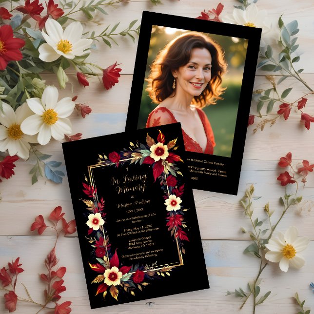 Invitación Stylish Botanical Red Shades Frame Photo Funeral (Stylish Botanical Red Shades Frame Photo Funeral Invitation Card. )