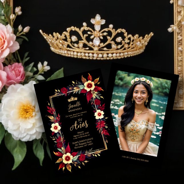 Invitación  Stylish Botanical Red Shades Frame Photo Spanish  (Stylish Botanical Red Shades Frame Photo Spanish Photo Quinceañera Invitations)