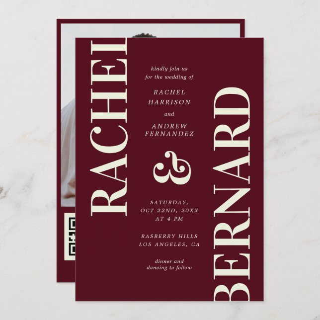 Invitación Stylish Deep Burgundy Typography QR Code Wedding (Anverso / Reverso)