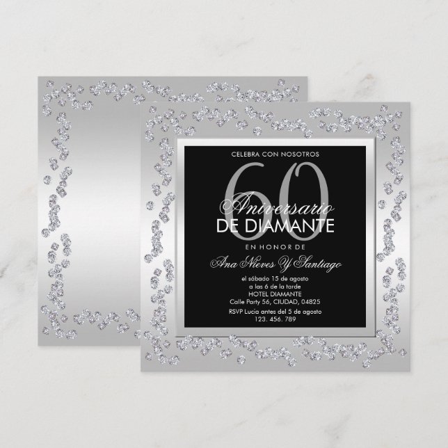 Invitación Stylish Diamonds Silver 60th Wedding Anniversary (Anverso / Reverso)