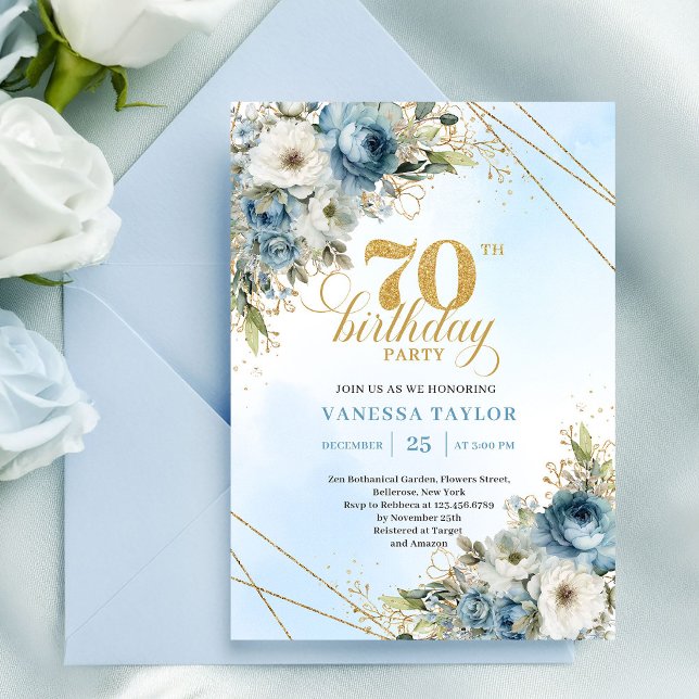 Invitación Stylish dusty blue eucalyptus gold 70th birthday  (Stylish dusty blue eucalyptus gold 70th birthday invite

)