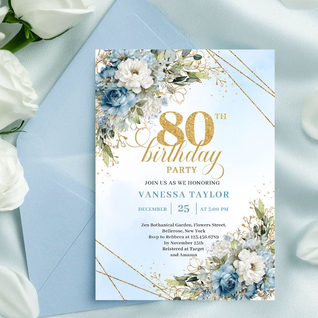 Invitación Stylish Dusty Blue Floral Gold 80th Birthday Invit (Stylish Dusty Blue Floral Gold 80th Birthday Invite Pro

)