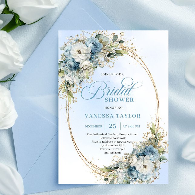 Invitación Stylish Dusty Blue Flowers Gold Frame Bridal Showe (Stylish Dusty Blue Flowers Gold Frame Bridal Shower Invite)