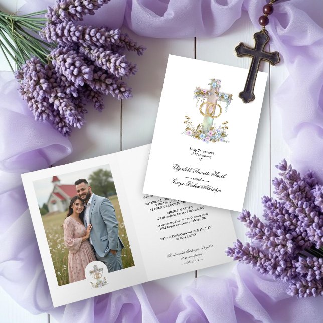 Invitación Stylish Floral Cross Wedding Rings Christian (Stylish Elegant Timeless Sacred Floral Cross & Wedding Rings Christian Wedding Cards with Photo.)