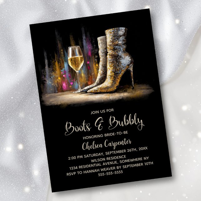 Invitación Stylish Gold Sequin Boots and Bubbly Bridal Shower (Subido por el creador)