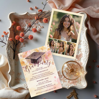 Invitación Stylish Graduation Cap 4-Photo Collage Floral