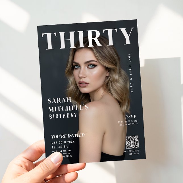 Invitación Stylish Magazine Cover Photo 30th Birthday QR Code (Subido por el creador)