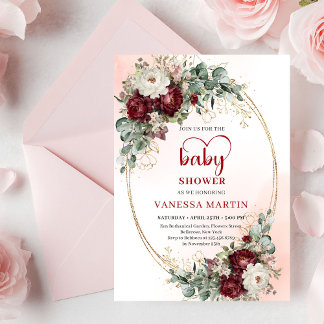 Invitación Stylish Marsala Flowers Greenery Baby Shower Card