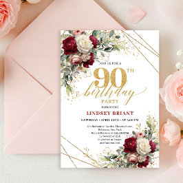 Invitación Stylish Marsala Gold Roses 90th Birthday Invitatio