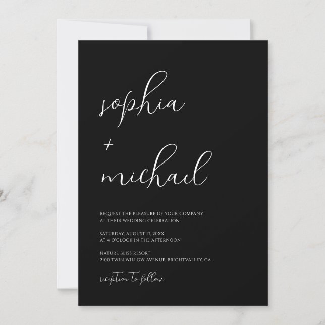 Invitación Stylish Modern Script Black And White Wedding (Anverso)