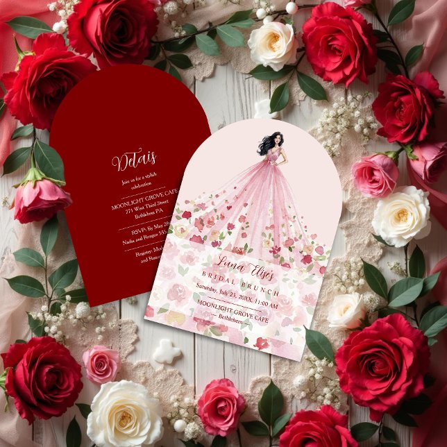 Invitación Stylish Pink Floral Tulle Model Bridal Shower (Stylish Pink Floral Tulle Bridal Shower Invitation Featuring Watercolor Effect Woman Illustration.)