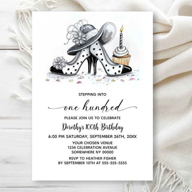 Invitación Stylish Polka Dot High Heel Shoes 100th Birthday (Subido por el creador)