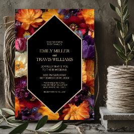 Invitación Stylish Purple and Orange Floral Black Wedding