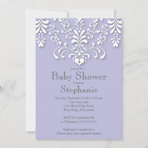 Invitación Stylish Purple Damask Baby Shower Invitation