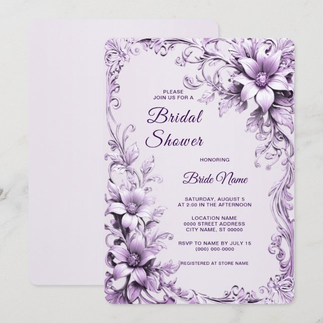 Invitación Stylish Purple Flowers Bridal Shower Invitation (Anverso / Reverso)