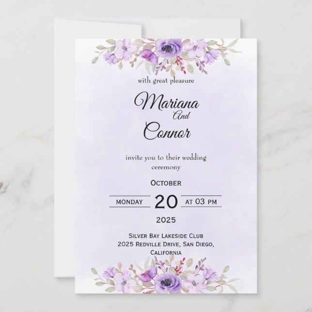 Invitación Stylish Purple Minimalist Floral Wedding  (Anverso)