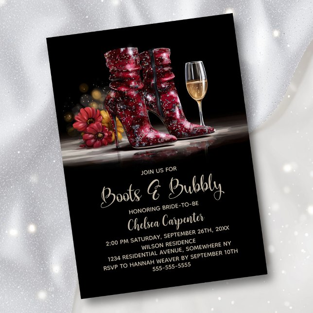 Invitación Stylish Red Sequin Boots and Bubbly Bridal Shower (Subido por el creador)