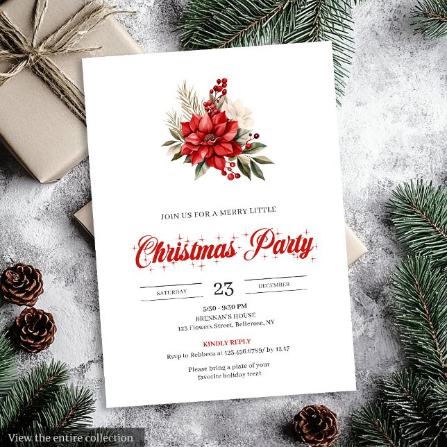 Invitación Stylish Red White Poinsettia Floral Christmas  (Stylish Red White Poinsettia Floral christmas invitation

)